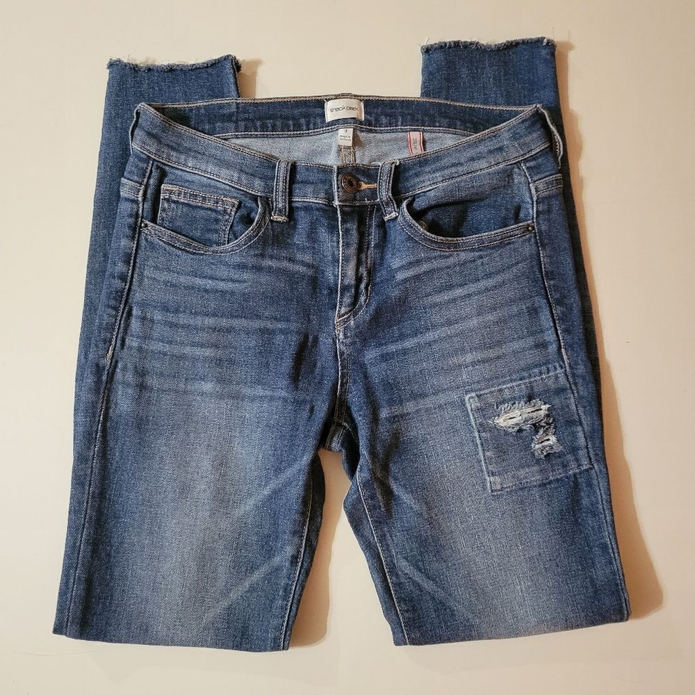 Sneak Peek Mid-Rise Distressed Patch Skinny Blue Jeans